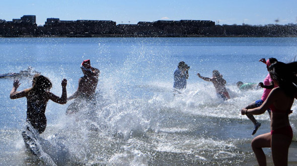 Splashing into cold water at Pleasure Bay