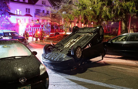 Flipped car in Roslindale