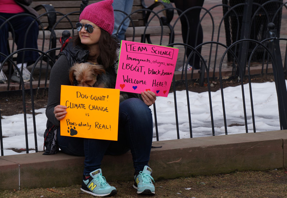 Science protester and dog in Copley Square