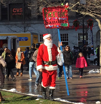 Bernie Sanders backer dressed as Santa Claus in Copley Square