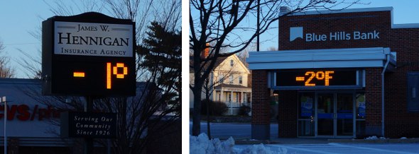 The dueling thermometers on Centre Street in West Roxbury