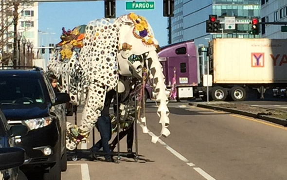 Cloth elephant on the move in South Boston