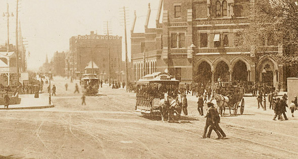 Horse cars in Park Square in Old Boston