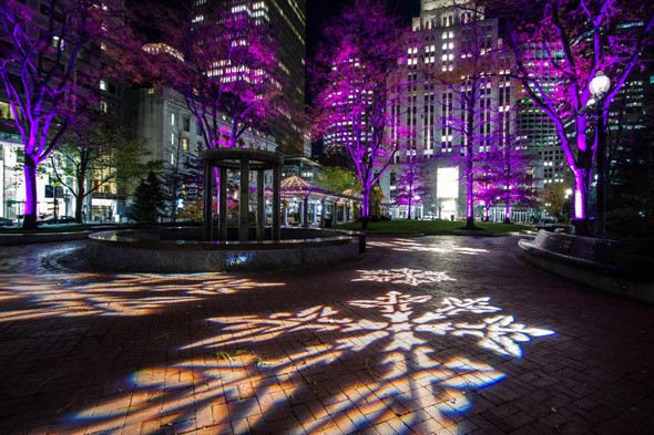 Seasonal light show in Boston's Post Office Square Park