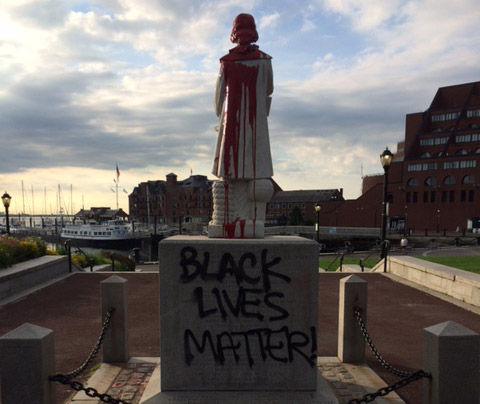 Defaced Christopher Columbus statue in the North End