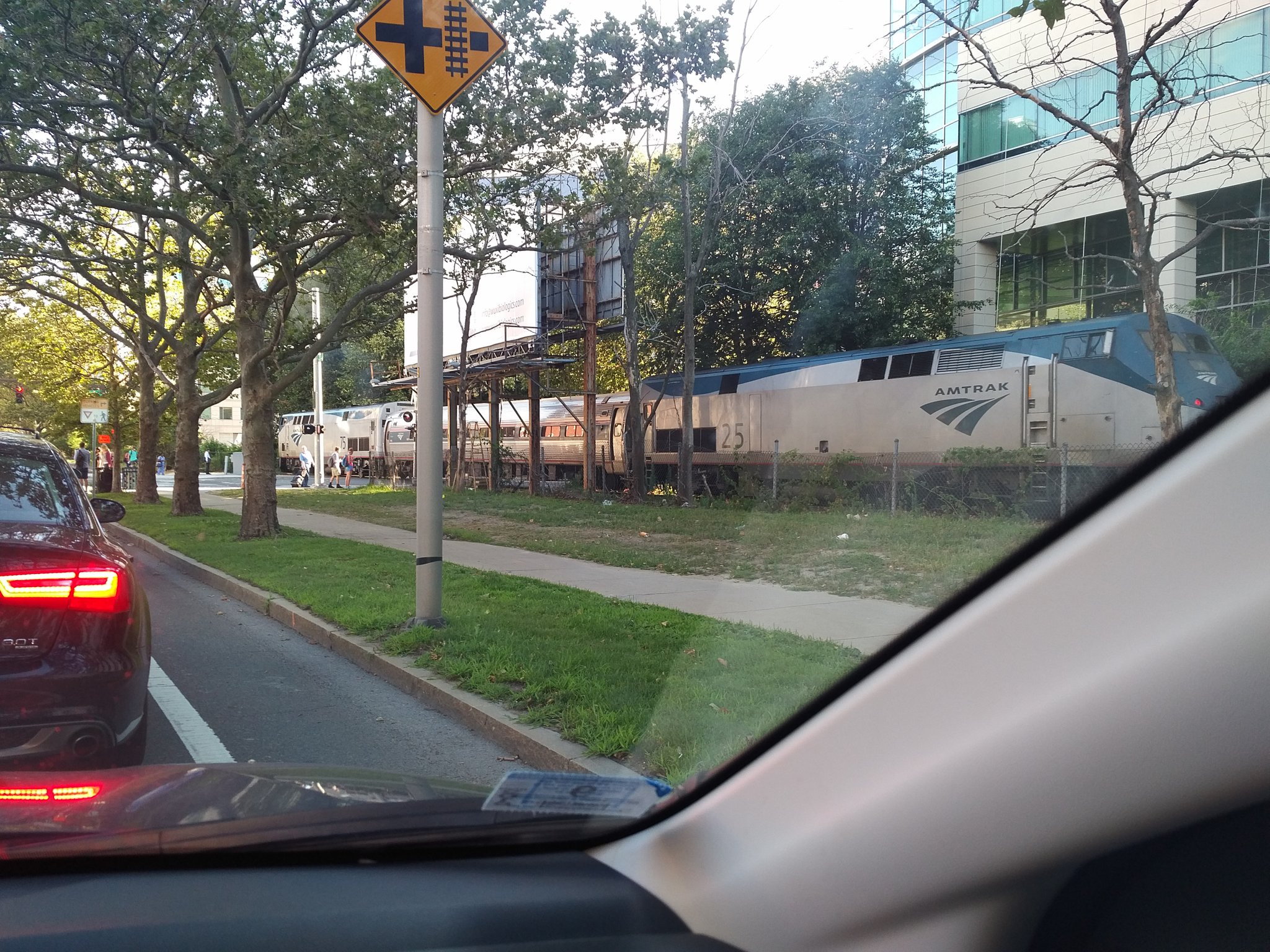 Amtrak train chugging through Cambridge