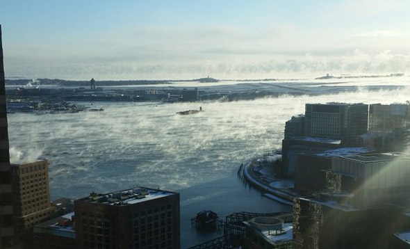 Sea smoke over Boston Harbor
