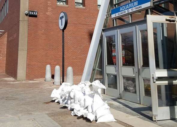 Sandbags at Aquarium Blue Line stop