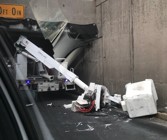 Smashed truck on Soldiers Field Road