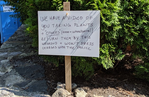 Warning to whoever took plants and a wheelbarrow and hose on Alveston Street in Jamaica Plain