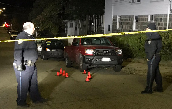 Shooting scene on Wellsmere Road, showing the pickup that was hit