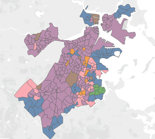 Map showing at-large winners in Boston precincts