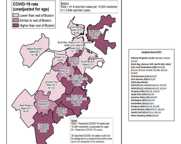 Covid-19 rate map for Boston neighborhoods