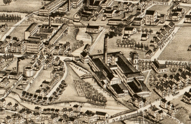 Factories along the Mother Brook in 1890