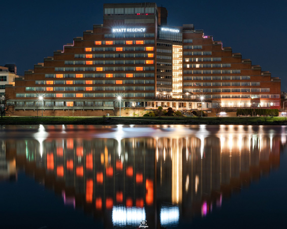 Hyatt Regency in Cambridge with heart reflecting off Charles River