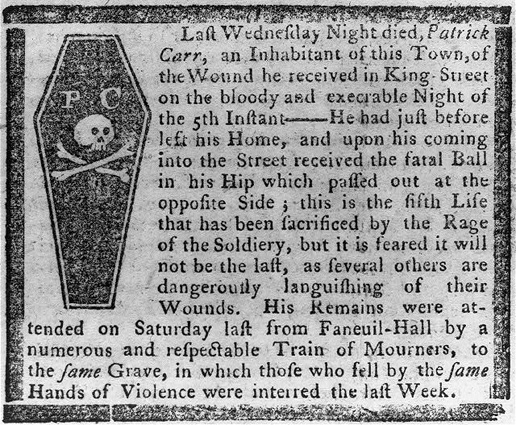 Obituary for Patrick Carr, one of the men shot dead in the Boston Massacre