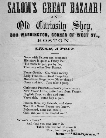 Rhyming ad for Salom's Great Bazaar and Old Curiosity Shop on Washington Street downtown