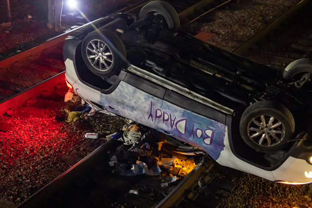 Car on tracks at Sullivan Square