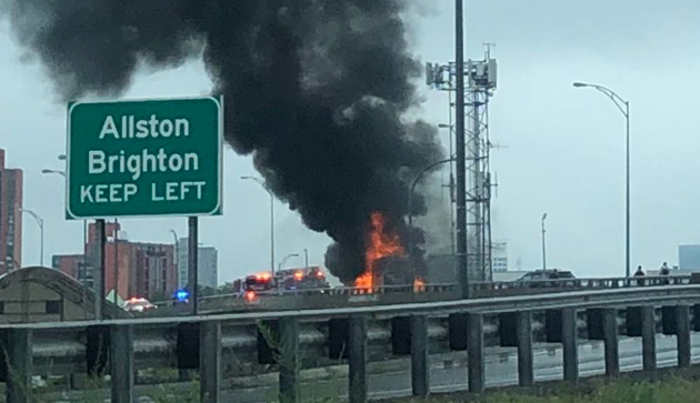 U-Haul truck on fire on the turnpike in Allston