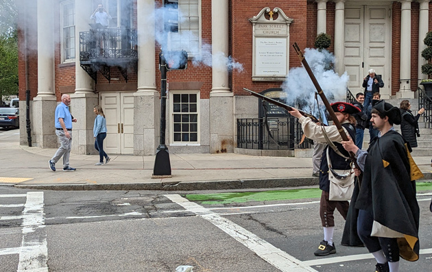 Minutemen fire a round at Tremont and Park streets