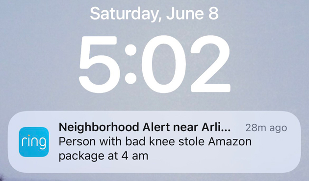 Ring alert from Arlington: Package stolen by person with a bad knee