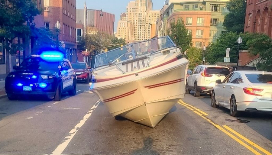 Boat on a road in Cambridge