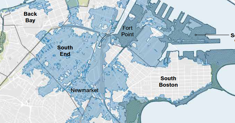 Map showing parts of the South End and surrounding areas that could flood in the future