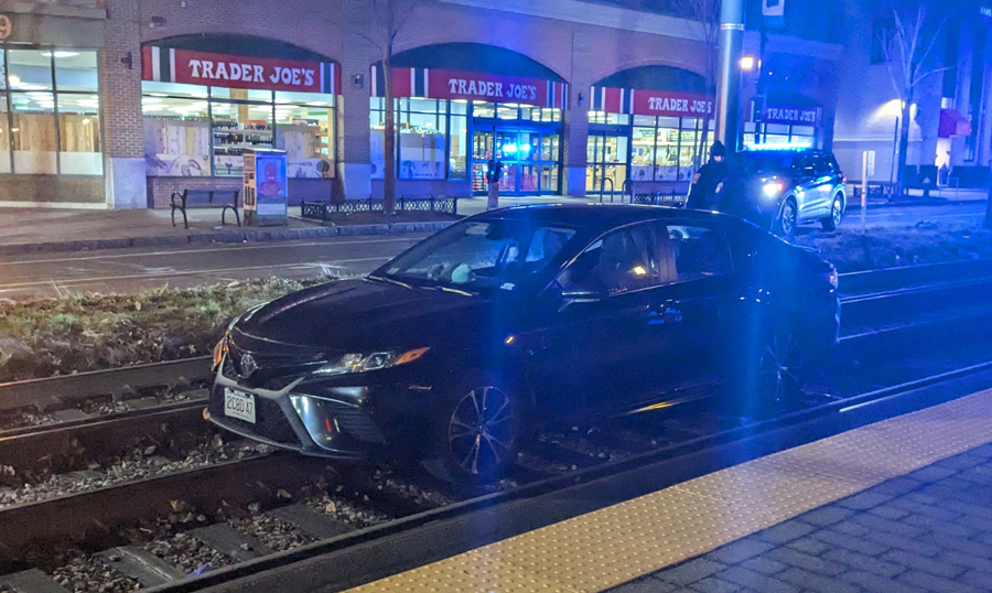 Car on Green Line tracks in Coolidge Corner