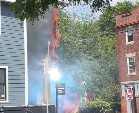 Exploding, flaming utility pole in Cambridgeport
