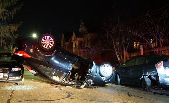 Flipped car in Roslindale