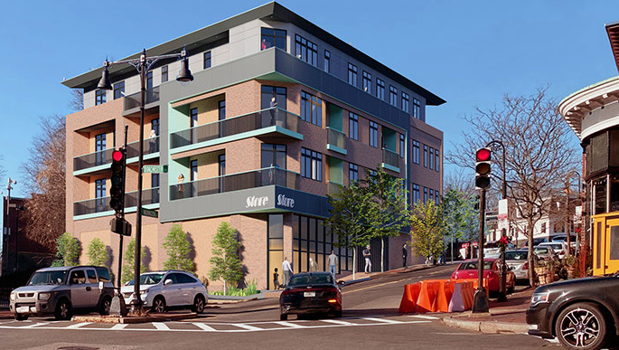 Rendering of proposed condo and pizza building