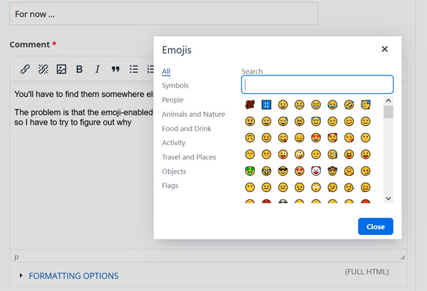 Screen capture of an editor with an emoji picker