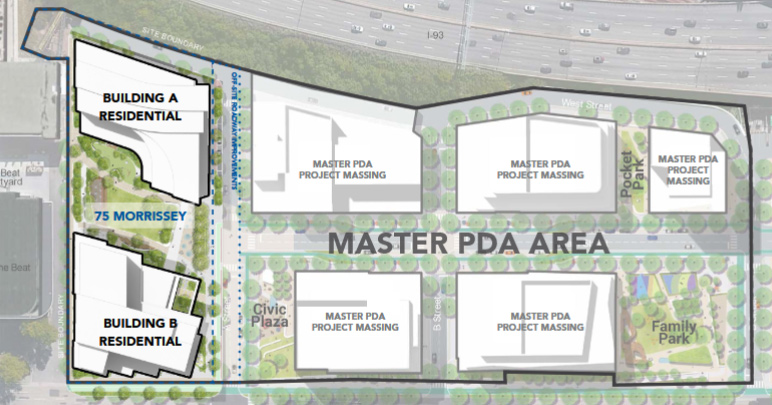 Two proposed apartment towers with outlines of additional buildings not yet submitted for approval