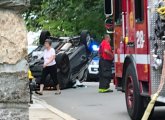 Flipped car on Greenough Avenue in Jamaica Plain