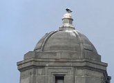 Seagull and seagull poop atop one of the towers of the Longfellow Bridge