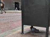 Pigeon sheltering from the snow in Downtown Crossing