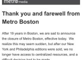 Boston Metro announces its immediate shutdown