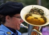 Horn player in Roslindale Day Parade and reflections in her horn