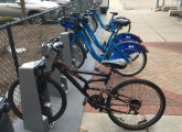 BlueBike station in West Roxbury with errant bike