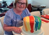 Mary McCann with Dorchester Gas Tank birthday cake