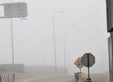 Foggy view out the South Station bus terminal