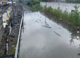 Flooded commuter rail tracks in Union Square, Somerville