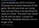 Fan says he smashed his TV after Pats loss, wife took kids to a hotel