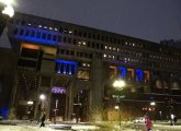 City Hall in blue and yellow