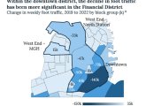 Map showing decreases in foot traffic downtown, especially in the Financial District