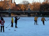 Playing hockey on the  Public Garden lagoon