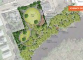 Aerial rendering of proposed new park along the Neponset off River Street