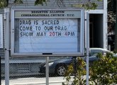 Sign outside Brighton Allston Congregational Church for a May 20 drag-show fundraiser