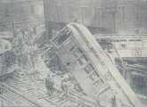 Subway trains lie scattered about curve at Dudley Street