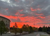 Orange sunrise over Harvard Stadium